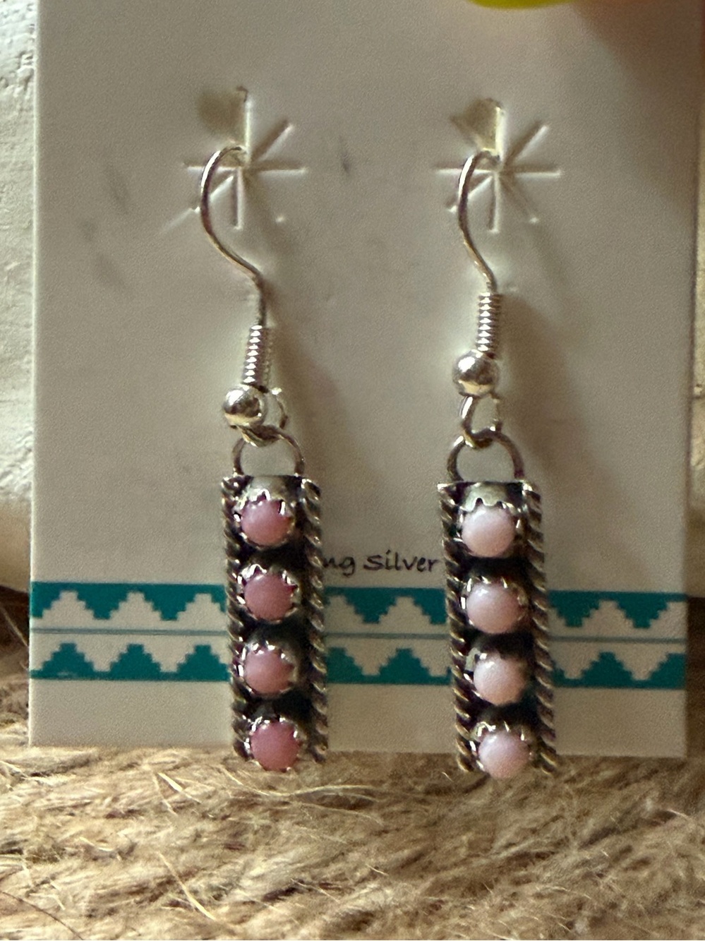 Esther White Navajo Sterling Silver Pink Conch Stone Dangle Earrings